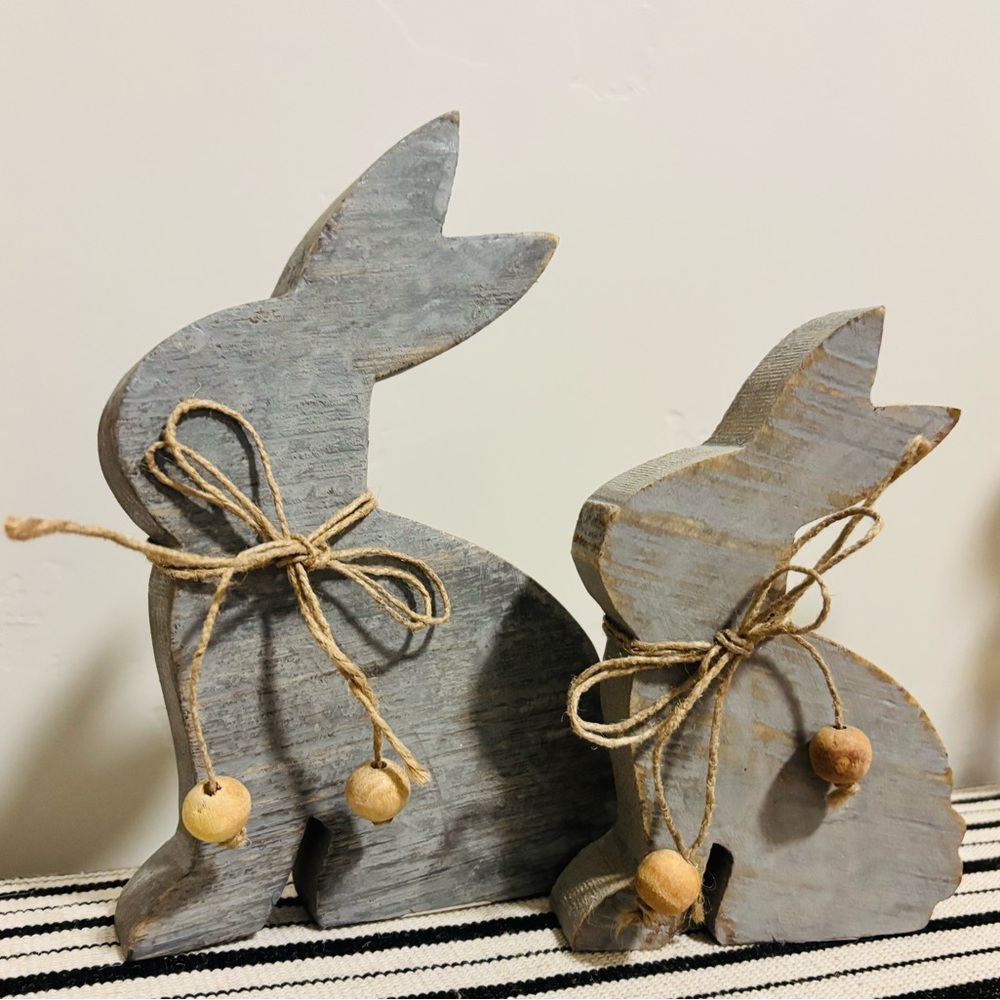 Bunny Hop Pair of Grey Wooden Sitting Bunnies with Natural Beads